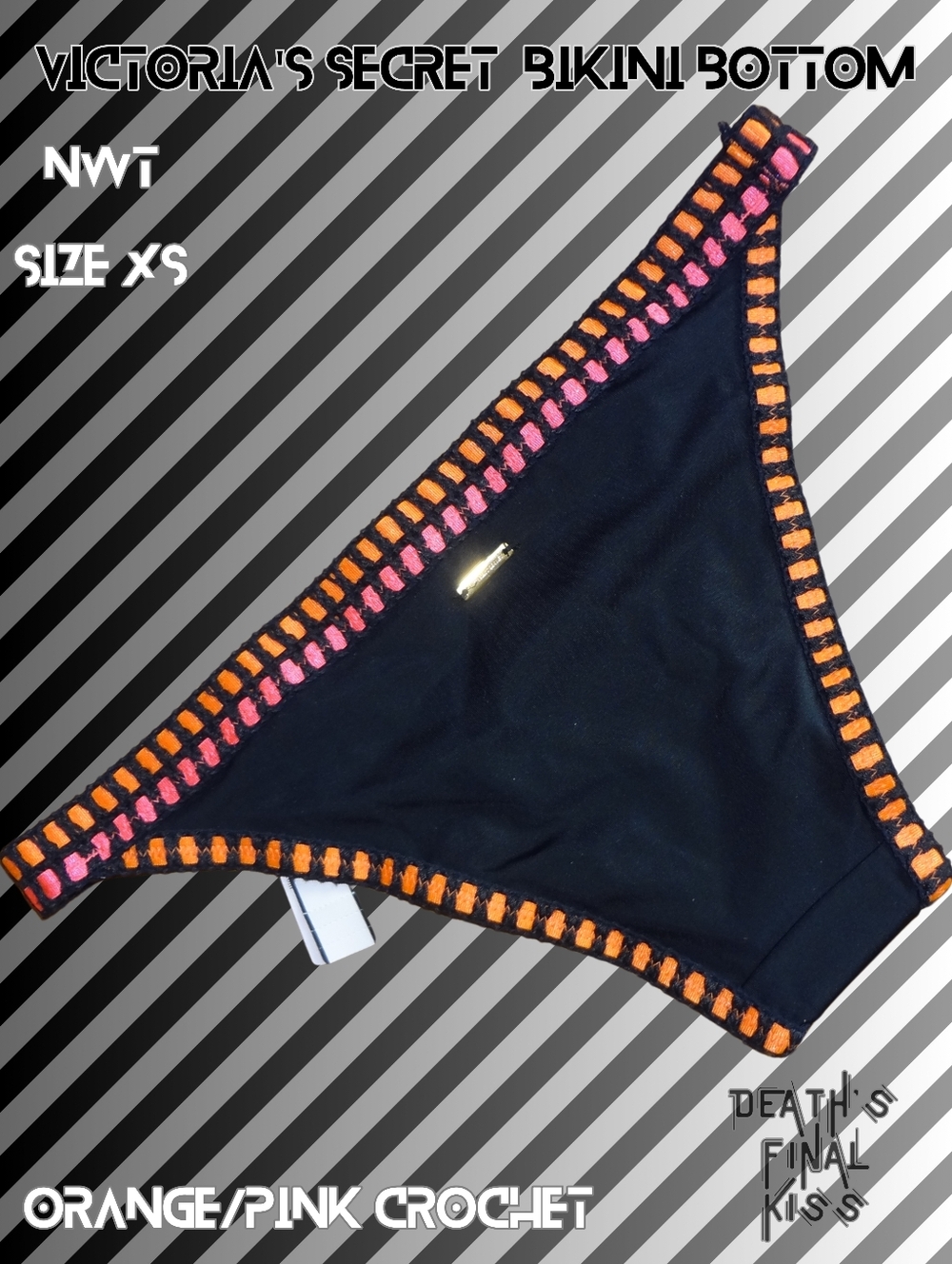 Victoria's Secret Crochet Trimmed Cheeky Itsy Skimpy Bikini Black Orange Pink XS